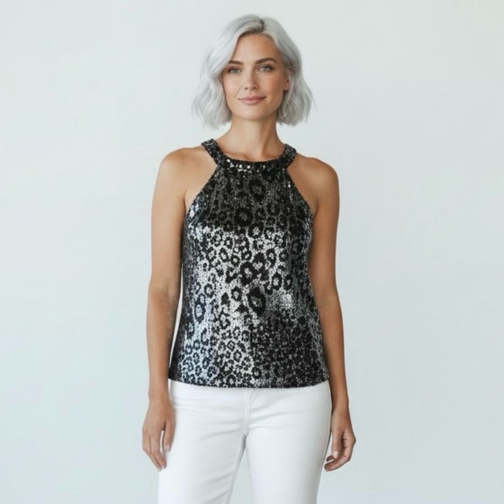 ARAMODU Metallic Silver and Black Leopard Print Sequin Razor Back Tank Top